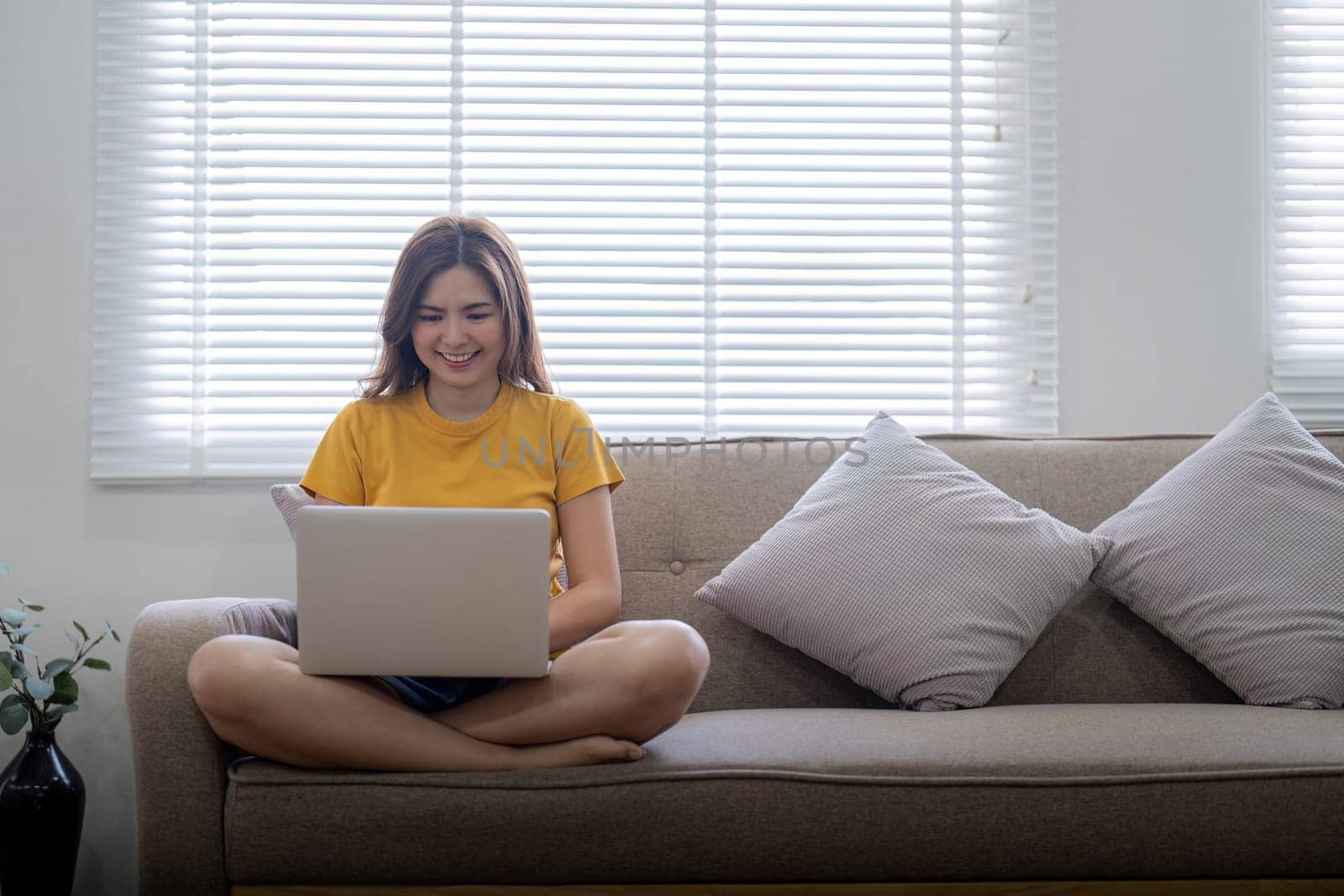 Young woman sitting on the couch and working on project, watching movie on laptop rest and happy chatting with friend in social network at home by nateemee