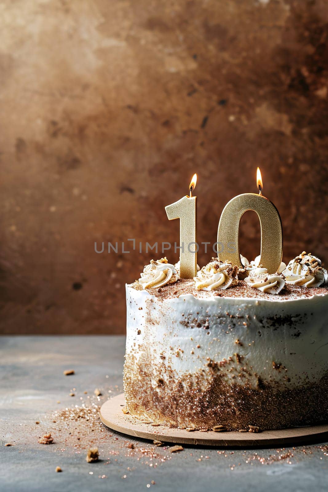 Celebration cake with a glittering golden '10', perfect for a 10th birthday or anniversary. Shiny number ten. Warm colors, brown vertical background. Special event. Copy space for text. Generative AI