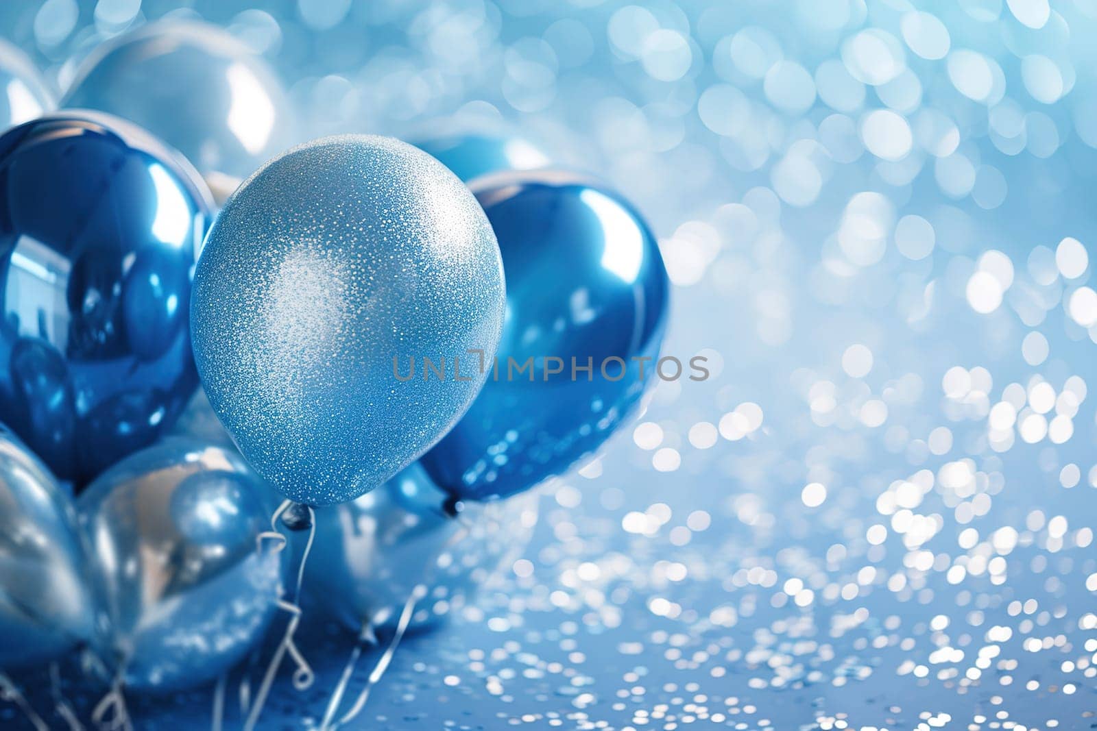 Blue balloons with glittery texture and glossy sheen, set against bokeh light-filled background, perfect for baby boy's celebration or birthday party announcement, with space for text. Generative AI