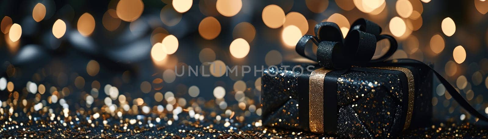 Luxurious black glitter gift box with ribbon on sparkling backdrop with soft bokeh lights, featuring ample copy space ideal for greetings, invitations, holiday promotions. Banner. Generative AI