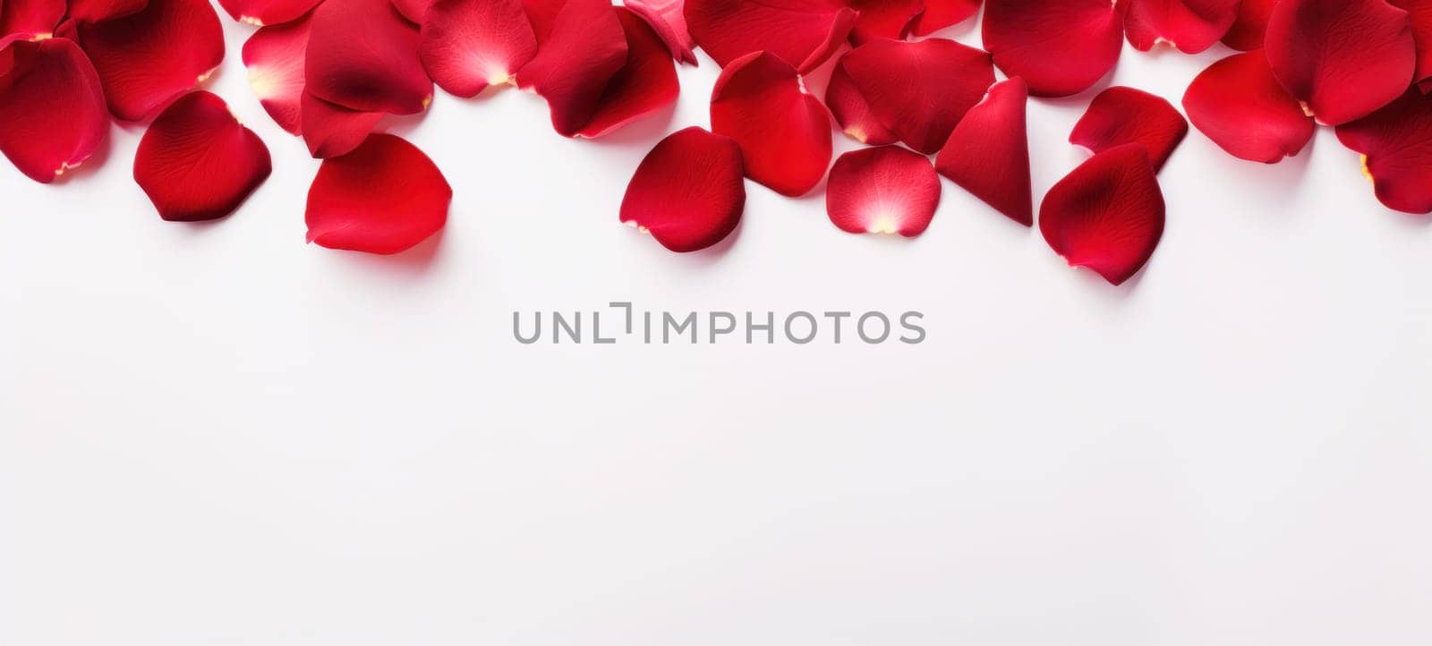 Romantic red rose petals on white background. Flat lay, top view, copy space by andreyz