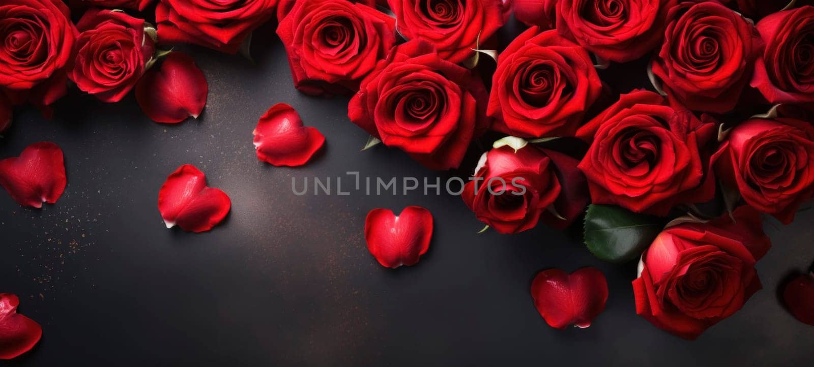 Roses, petals and hearts on a dark background with copy space. Valentine's Day background.