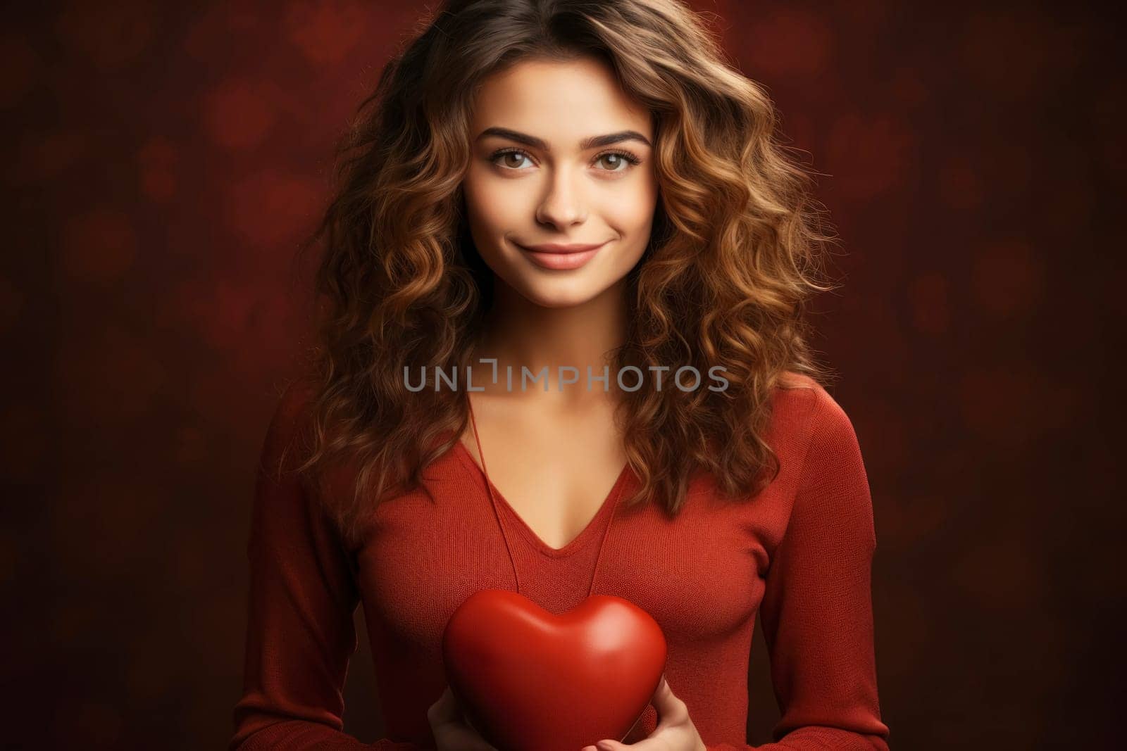 A beautiful woman with a heart-shaped red toy against a red backdrop by andreyz