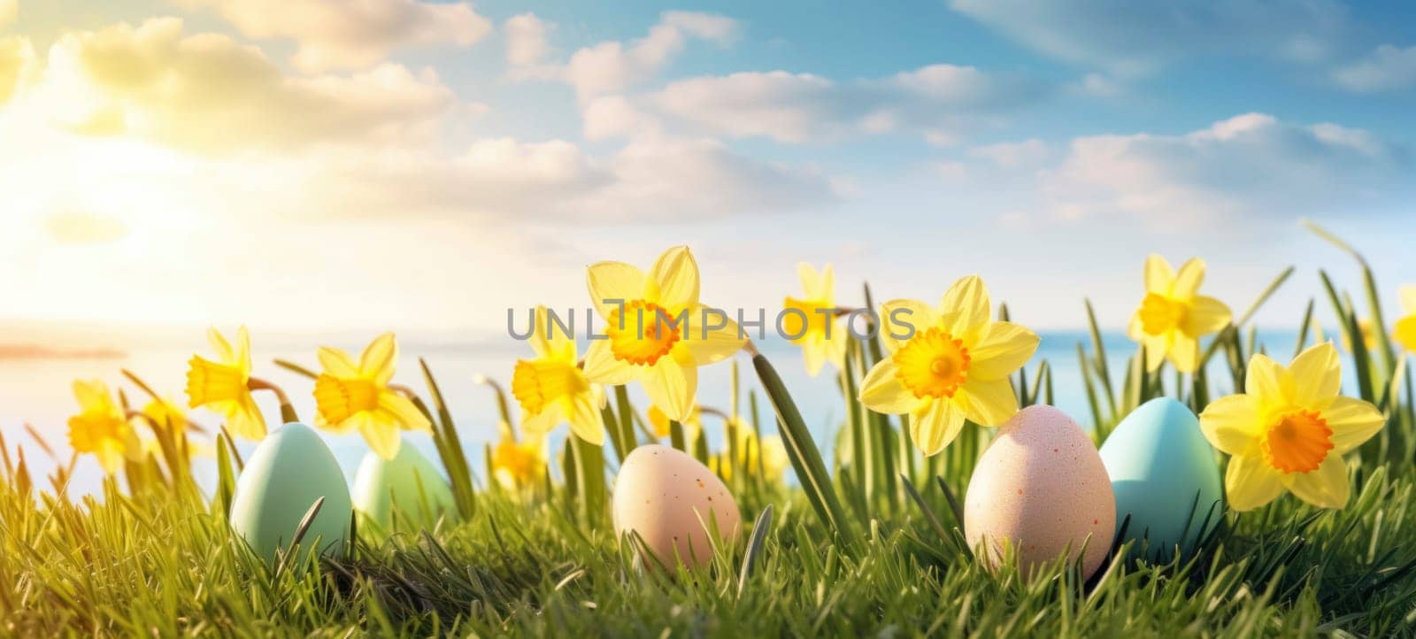 Happy Easter. Easter eggs on green grass with yellow daffodils on a sunny spring day. Easter banner with copy space