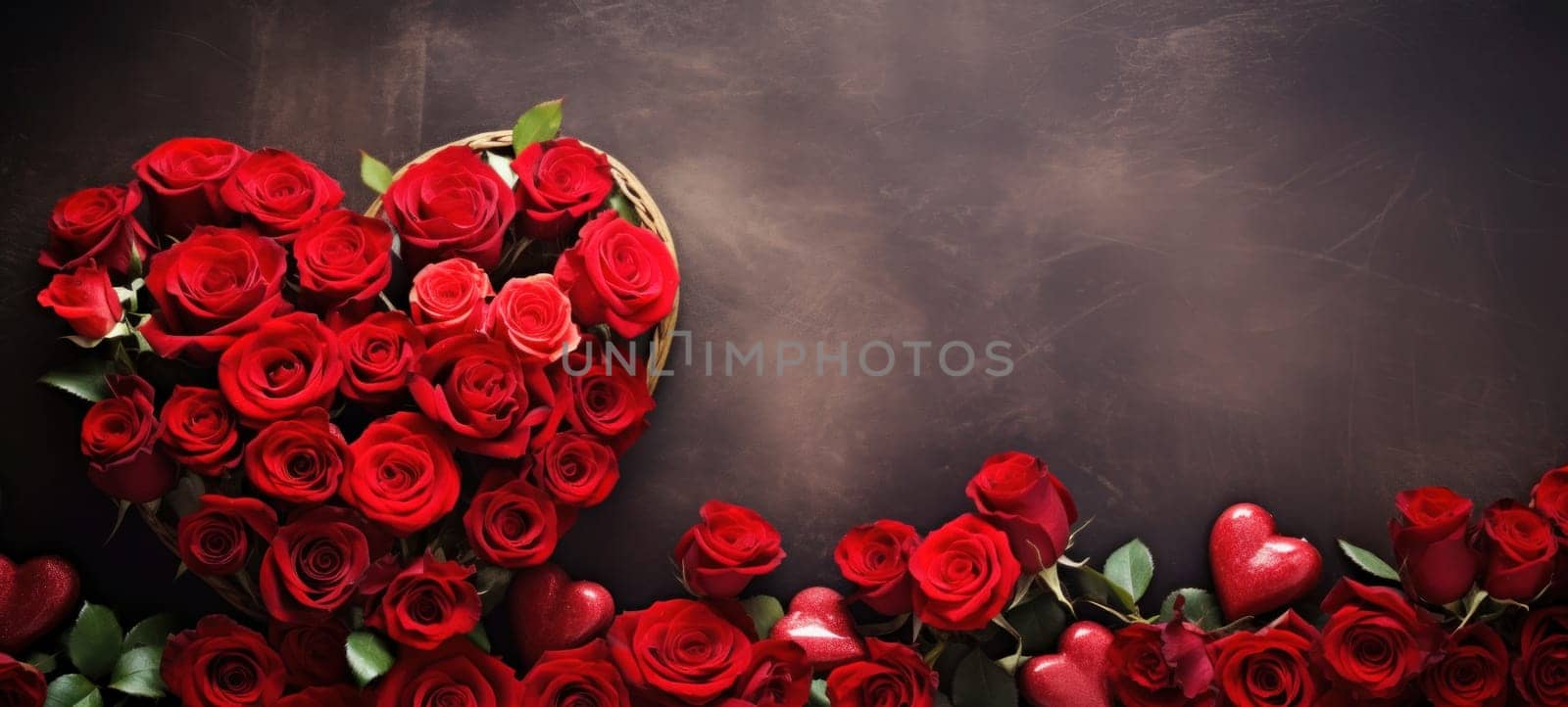 Roses Bouquet and Hearts background. Valentine's Day or wedding background.