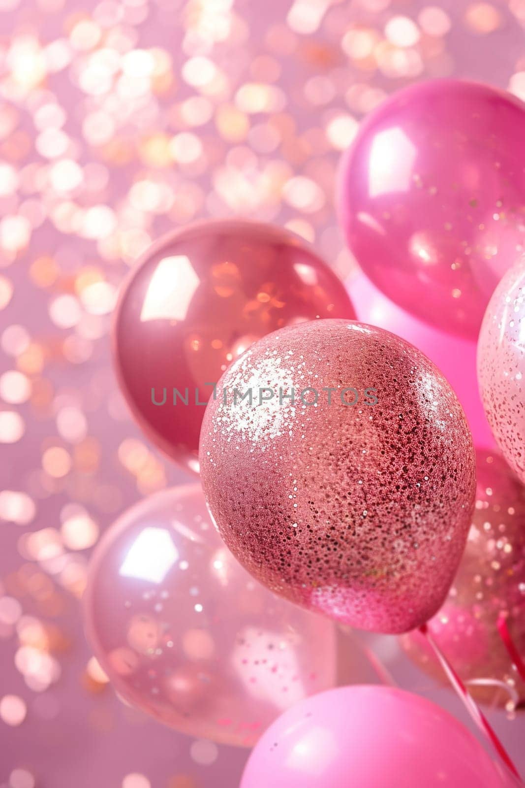 Elegant pink balloons with glitter accents against a bokeh backdrop, ideal for feminine birthdays, bridal showers, or celebratory event invitations with a touch of sparkle. Generative AI