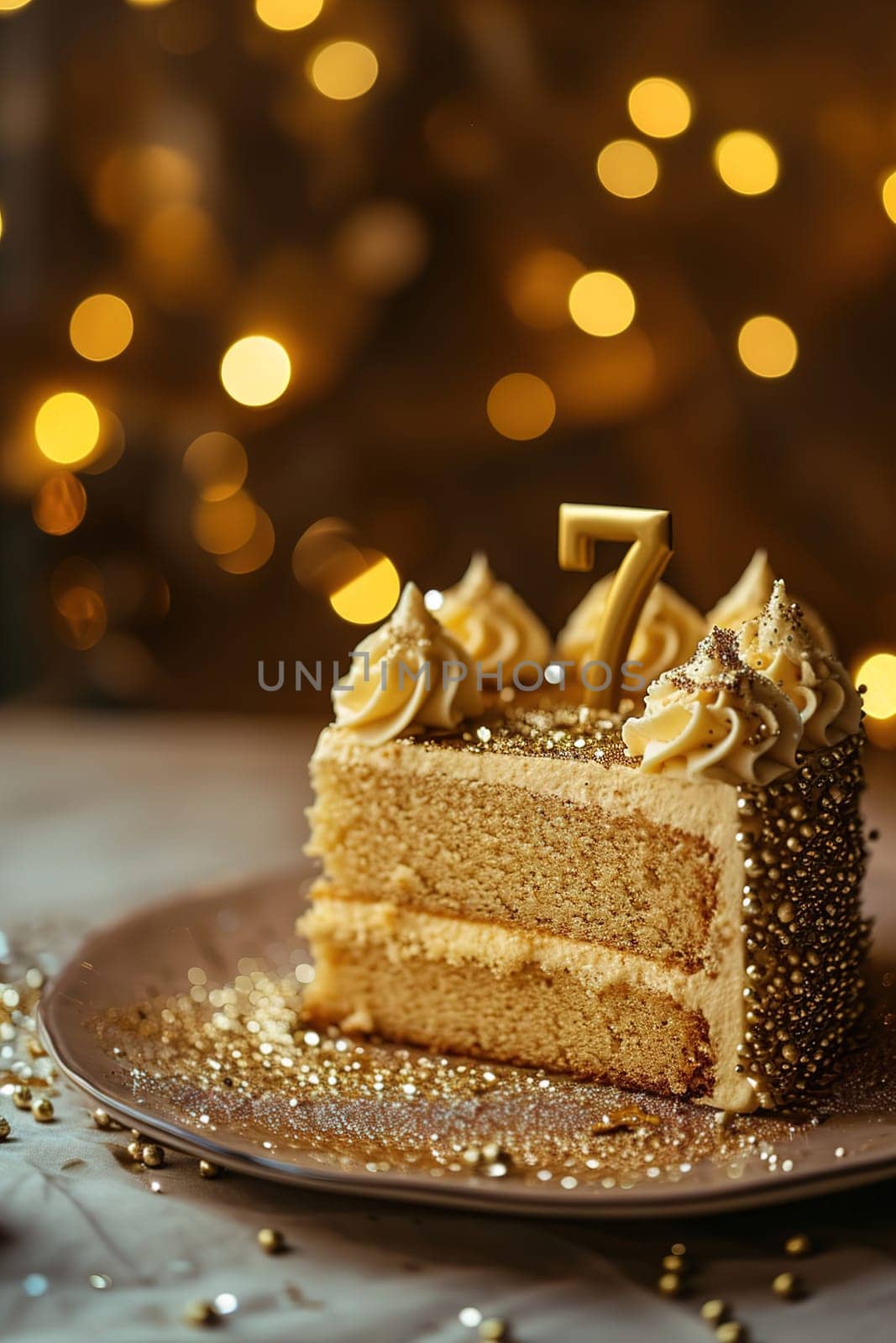 Celebration cake with a glittering golden '7', perfect for a 7th birthday or anniversary. Shiny number seven. Bokeh lights, warm colors. Special event. Copy space for text. Generative AI