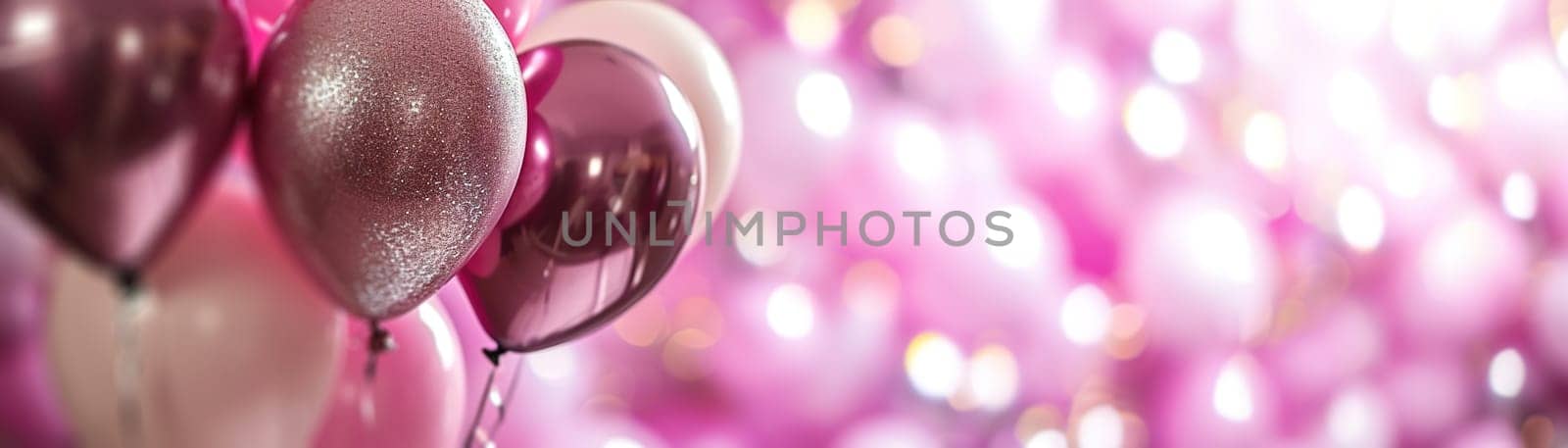 Elegant pink and purple balloons with glitter accents against a bokeh backdrop, ideal for feminine birthdays, bridal showers, or celebratory event invitations with a touch of sparkle. Generative AI