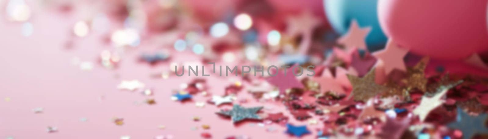 Soft-focused celebration scene with sparkling confetti and star shapes, creating dreamy background with ample space for text, ideal for festive invitations, banners, or advertisings. Generative AI
