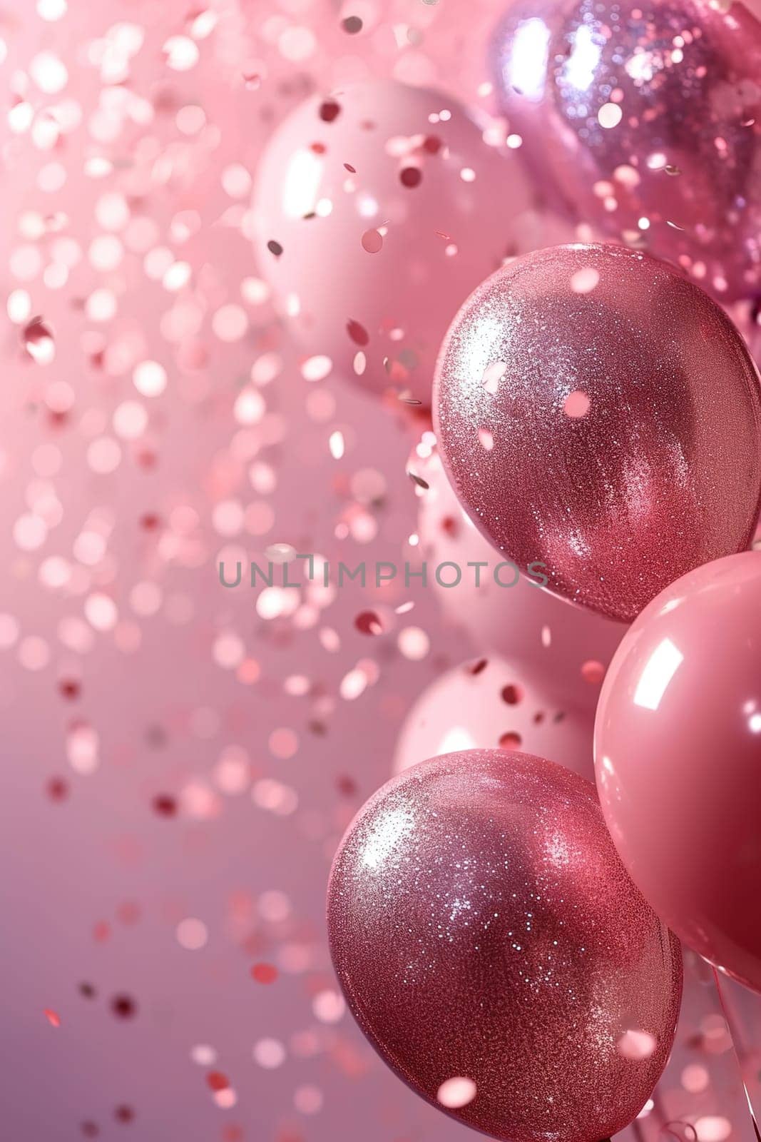 Elegant pink balloons with glitter accents against a bokeh backdrop, ideal for feminine birthdays, bridal showers, or celebratory event invitations with a touch of sparkle. Copy space. Generative AI