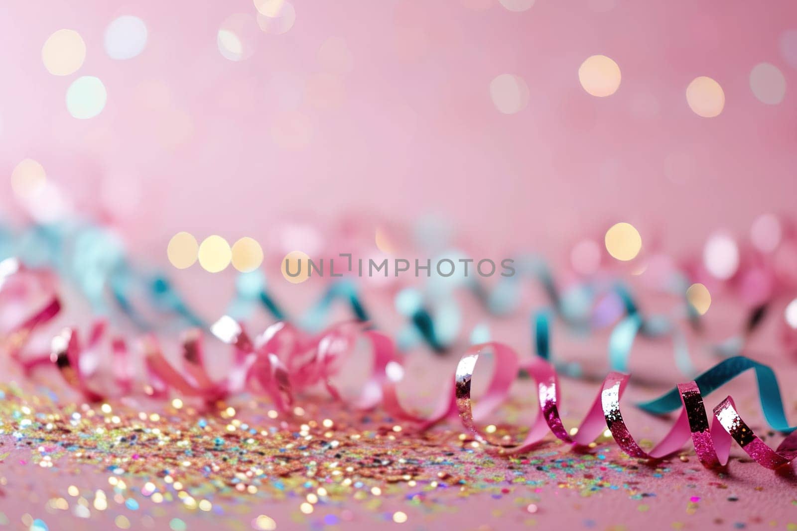 Delicate streamers in pink and teal twist over a glittering surface with a soft bokeh pink background, offering a festive and dreamy visual for celebrations, with ample space for text. Generative AI