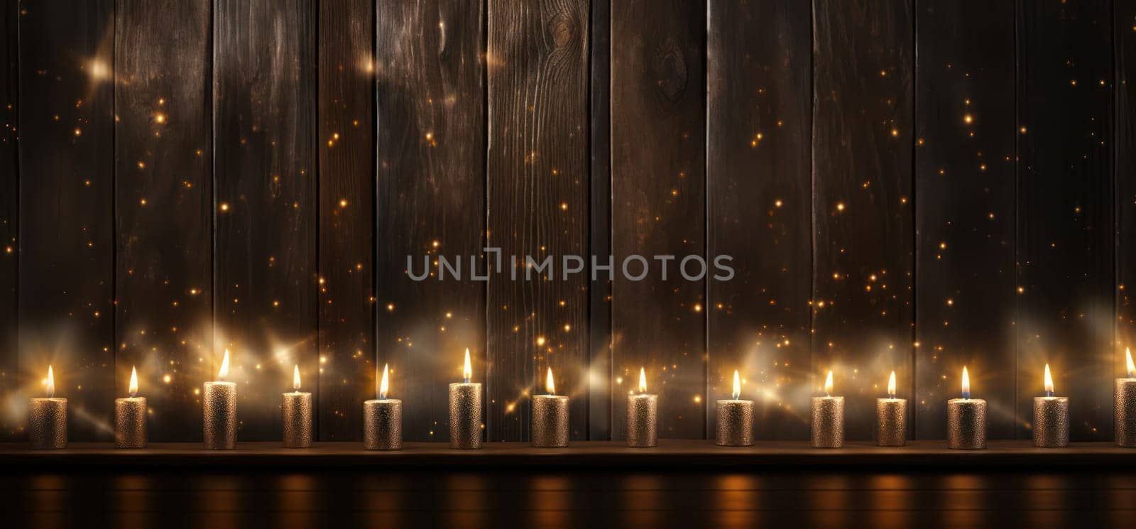 Rustic Christmas Celebration: Dark Wooden Table with Festive Lights and Vintage Decoration
