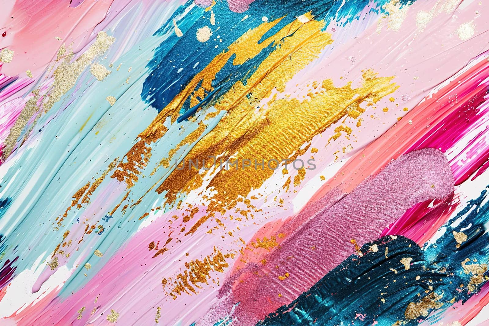 Pastel hues and glittering gold paint strokes create a vibrant abstract artwork, radiating energy and creativity, perfect for bold interior accents or expressive stationery designs. Generative AI