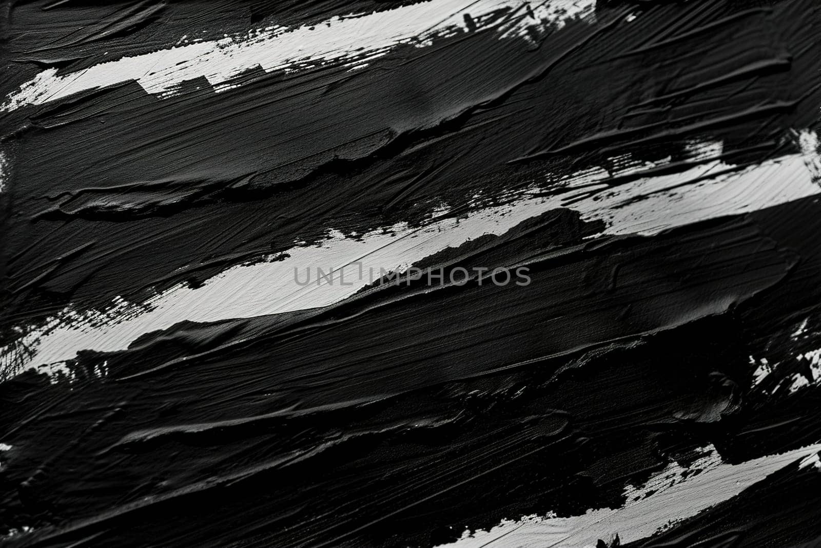Striking black and white brushstroke textures on canvas, ideal for bold graphic visuals, artistic web design, or statement interior decorations that convey sense of drama and contrast. Generative AI