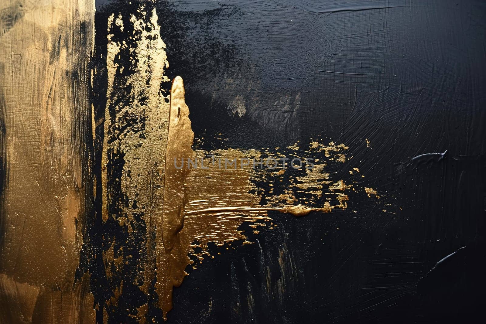 Textured golden strokes on black backdrop, an evocative image for sophisticated art installations, exclusive product packaging, or impactful design with a luxurious edge. Abstract art. Generative AI. by creativebird