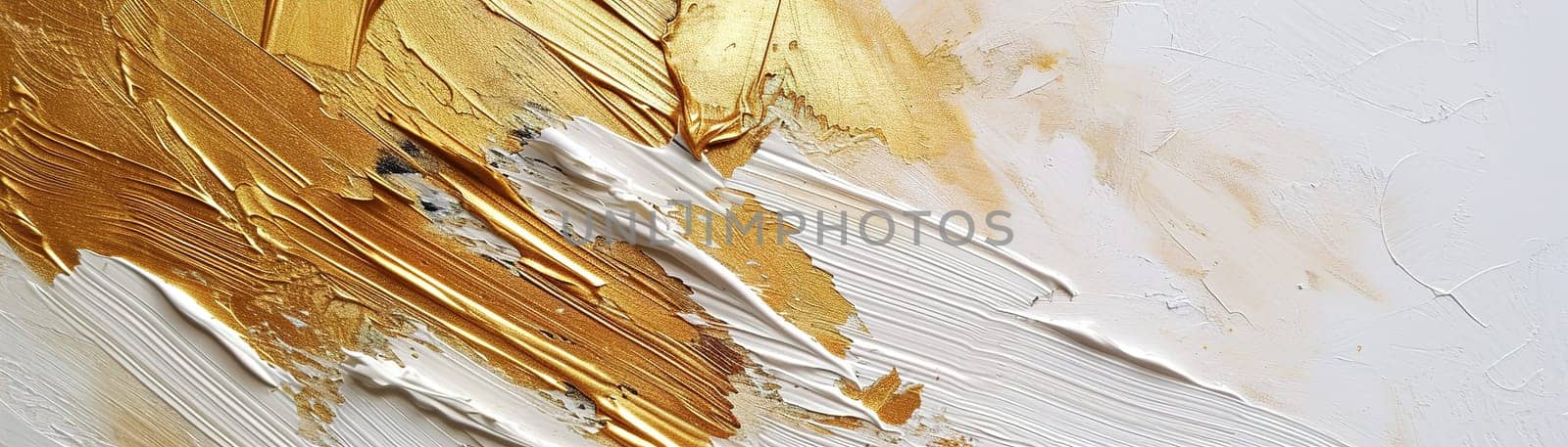 A sweeping golden brushstroke dominates the canvas, its rich metallic sheen contrasting dramatically with the textured white background, embodying boldness of modern abstract art. Generative AI. by creativebird