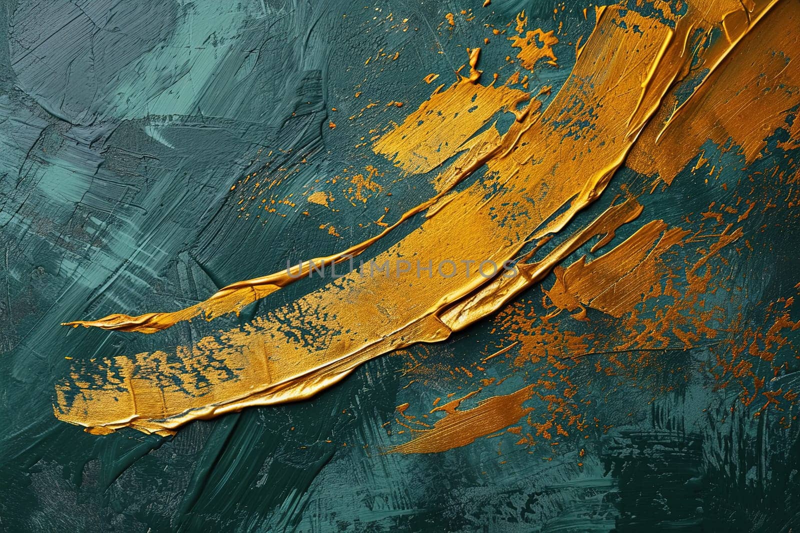 A richly textured golden stroke sweeps across a dark green canvas, perfect for distinctive prints, dramatic interior design features, or elegant artistic branding. Generative AI