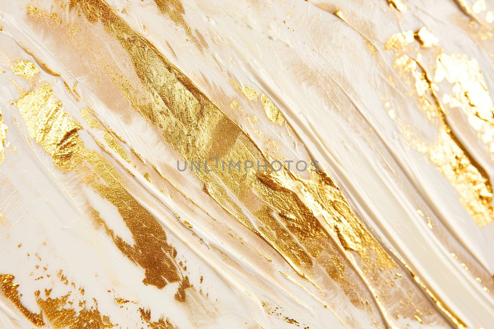 Luxurious golden brushstrokes sweep across a creamy beige canvas, creating a textured, opulent abstract artwork that exudes sophistication and modern elegance. Generative AI