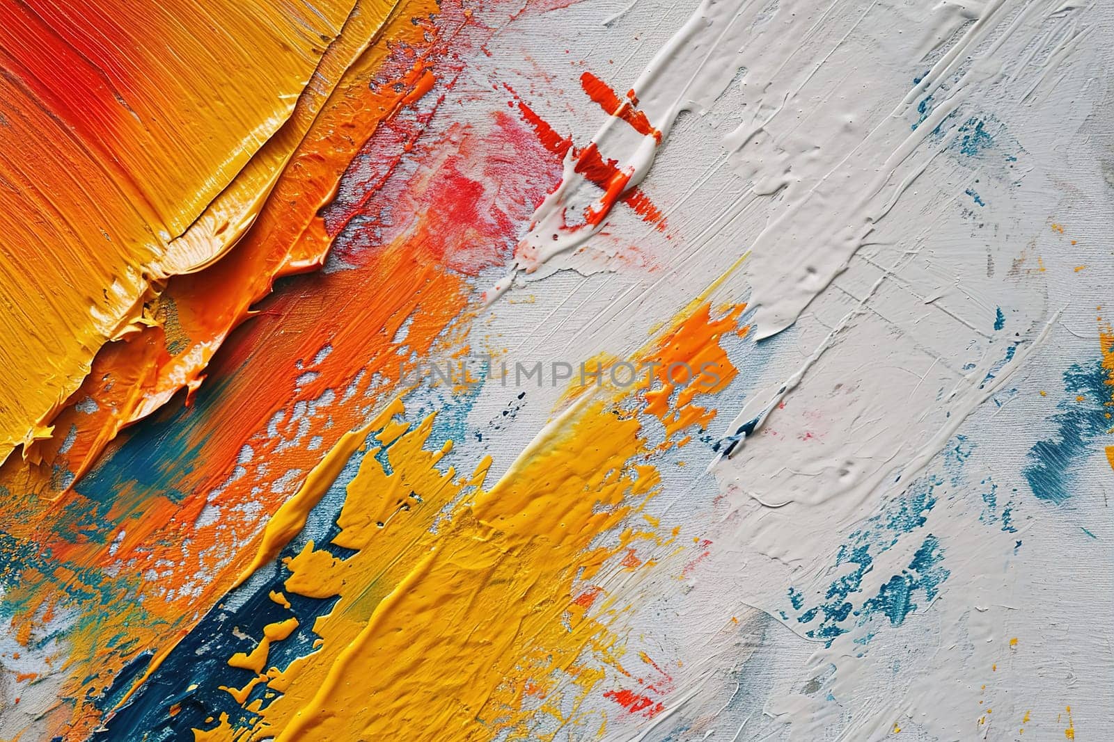 A vibrant abstract artwork with bold strokes of orange, yellow, and blue paint on a textured white canvas, perfect for smartphone covers, creative backgrounds, or expressive home decor. Generative AI. by creativebird