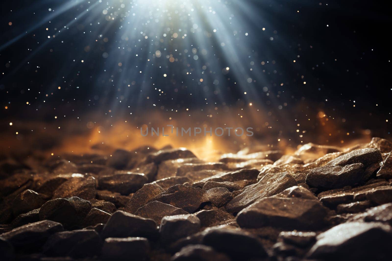 Abstract background with bright rays, bokeh light over the stones. Generated by artificial intelligence by Vovmar