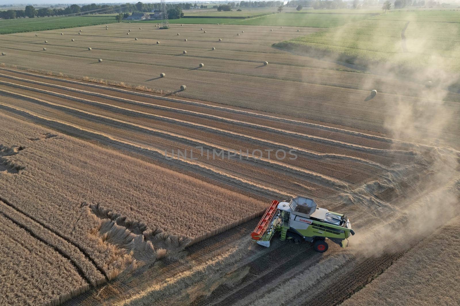 Soarza, Italy - June 23 2023 Claas 780 Lexion Combine Harvester threshing wheat in field at sunset