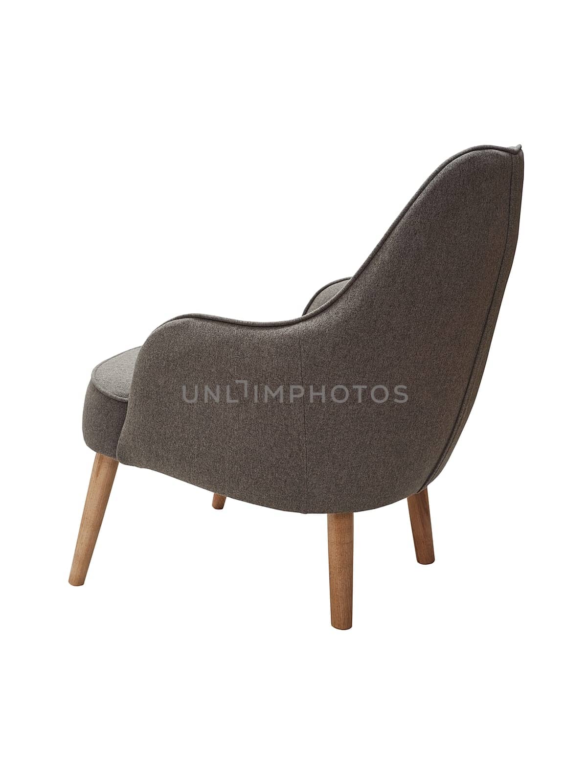 modern fabric grey armchair with wooden legs isolated on white background, back view.