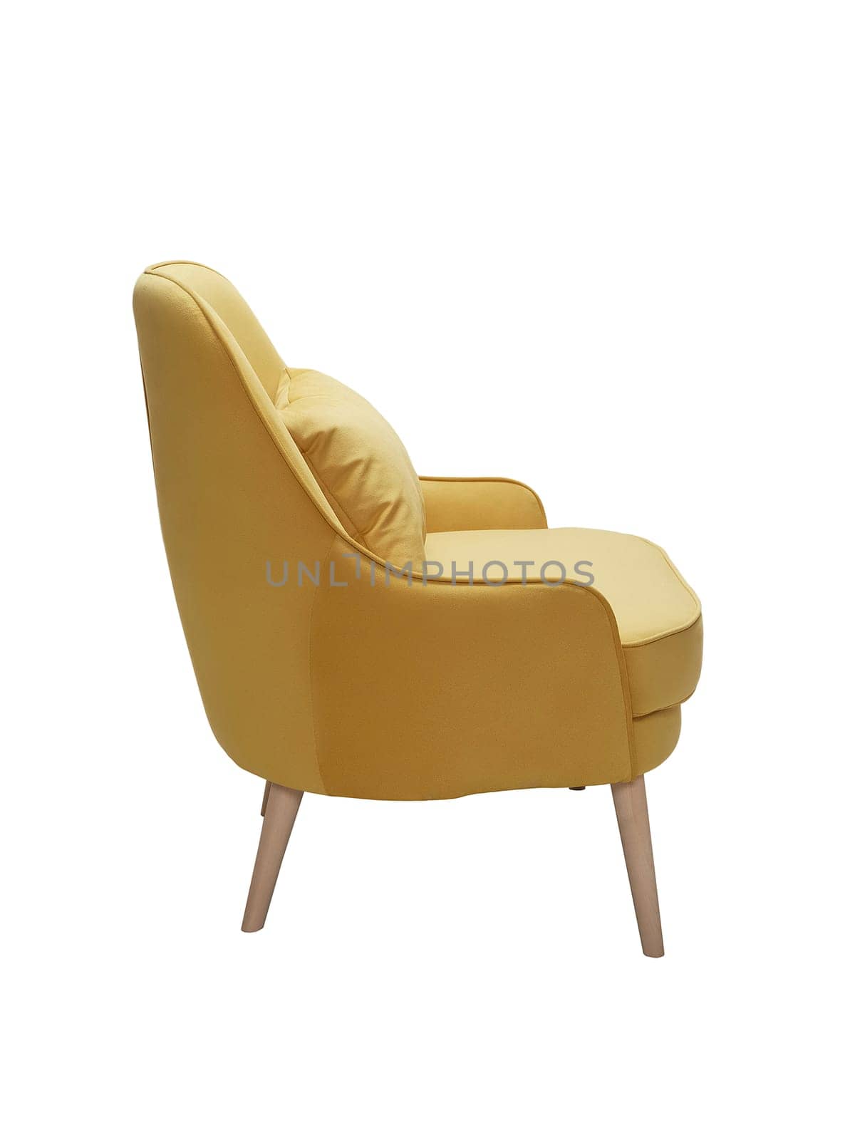 modern yellow fabric armchair with wooden legs isolated on white background, side view.