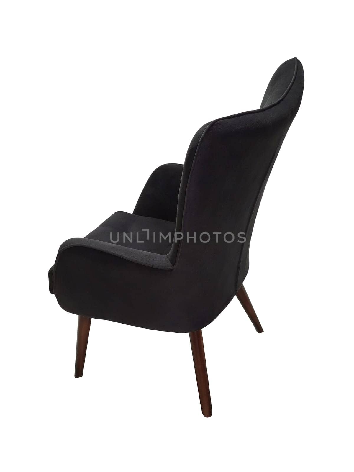 modern black fabric armchair with wooden legs isolated on white background, back view.