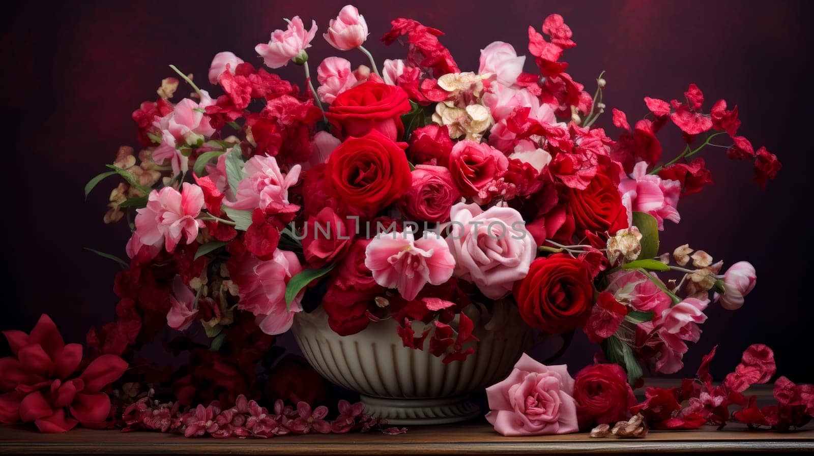 Large bouquet of flowers and roses on Valentine's Day. Valentine's day, newlyweds, engagement, holiday, birthday, wedding, anniversary, surprise, date.