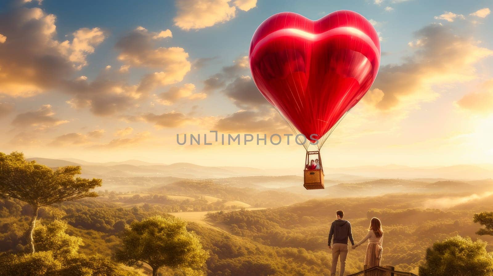 A couple in love is flying on a large, red, heart-shaped balloon high in the clouds above the mountains, at sunset. Emotions, balloonists, extreme sports. Valentine's day, newlyweds, engagement, holiday, birthday, wedding, anniversary, surprise, date