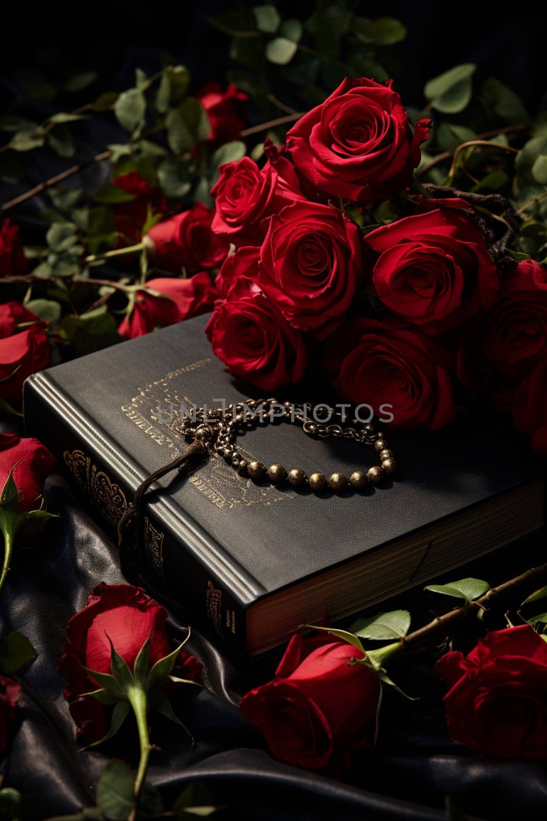 a rosary cross roses and bible. High quality photo
