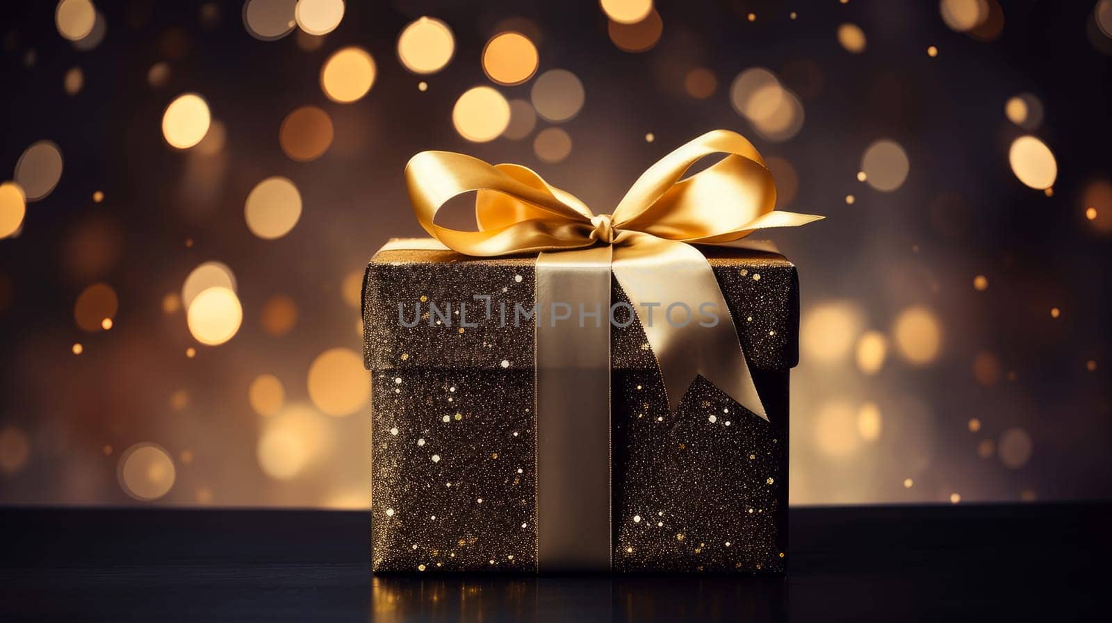 Luxury gift box on dark and gold background, bokeh light by Alla_Yurtayeva