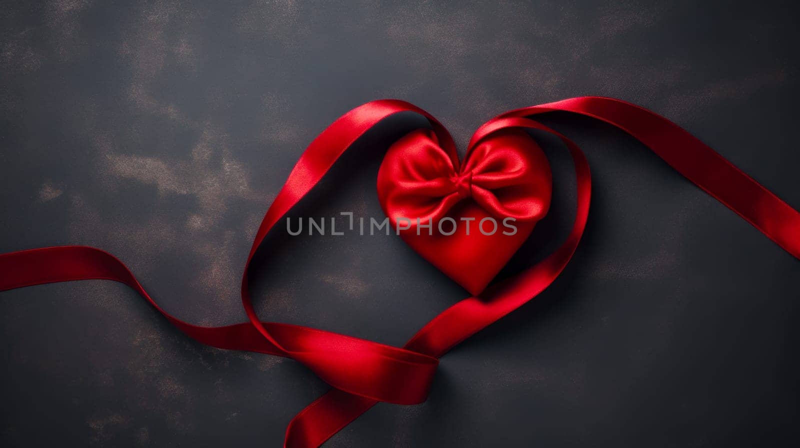 red ribbon in the shape of a heart on a dark background. Valentine's day, newlyweds, engagement, holiday, birthday, wedding, anniversary, surprise, date.