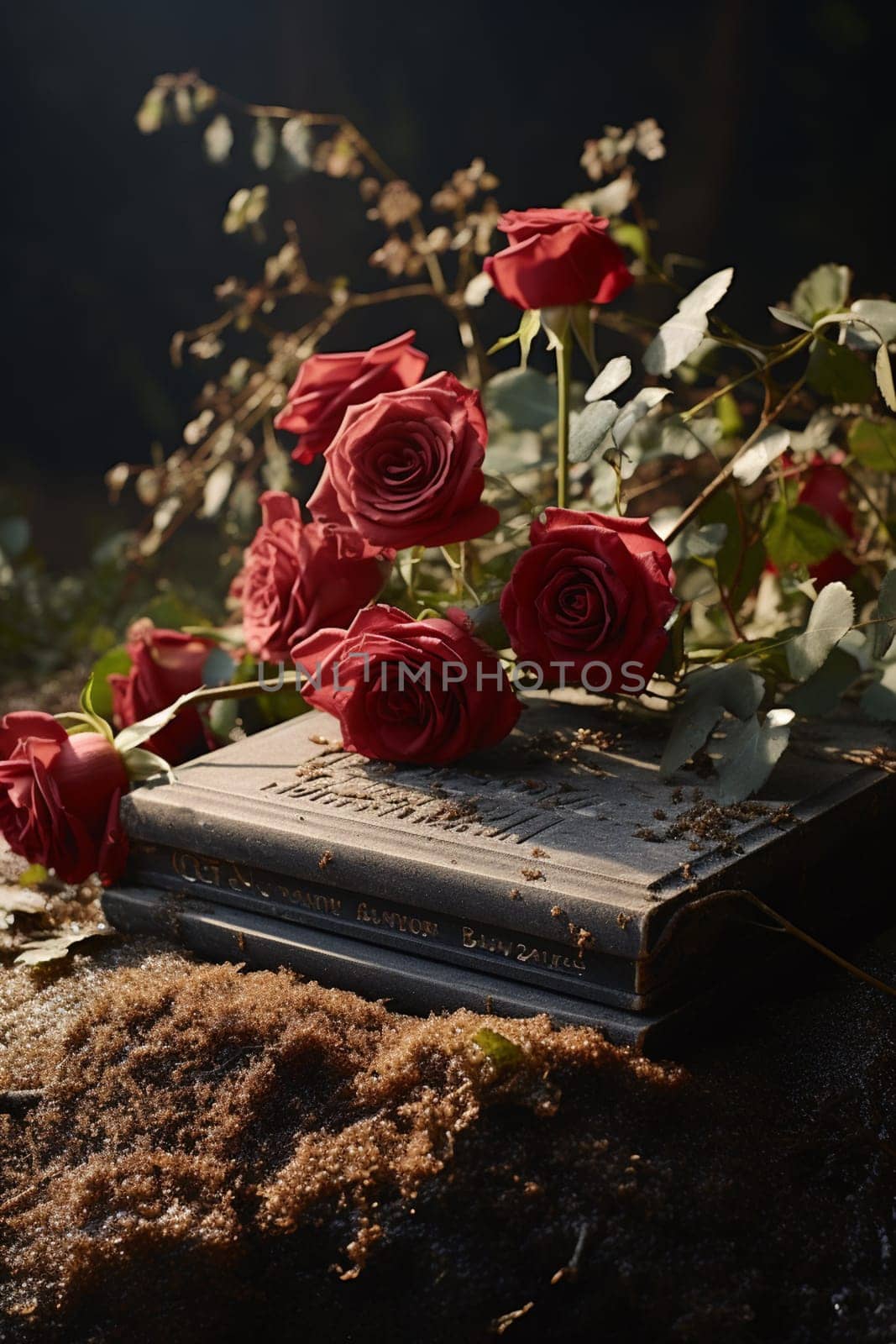 Religious tradition to put one flower in memory, of the grave in the cemetery, tragedy and sorrow for the loss of a loved one. Red rose was left on gravestone in the graveyard. High quality photo