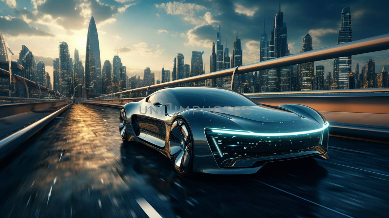 High speed, sports car - futuristic concept (non-existent car design, full generic), side view - 3d illustration, 3d render.