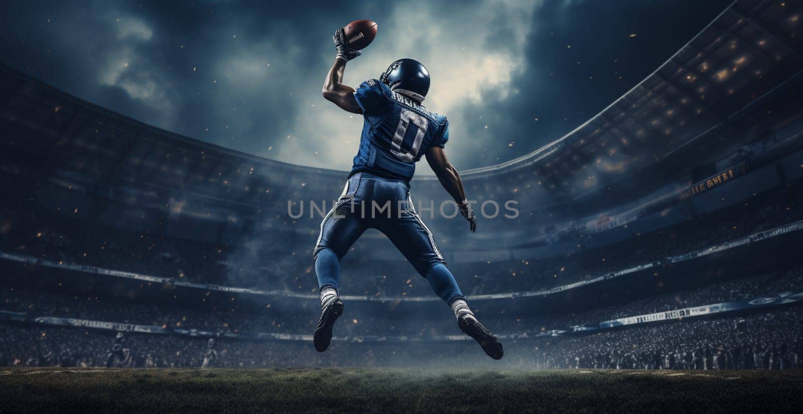 American football player on stadium with ball in hands and helmet on head. Sports background and wallpaper. Black skin athlete. High quality photo