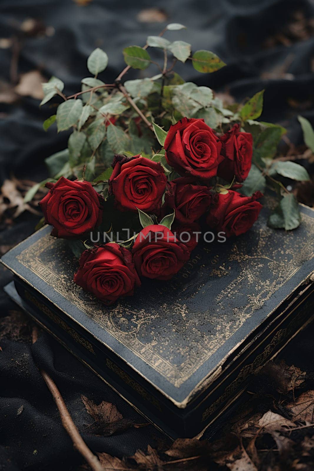 Religious tradition to put one flower in memory, of the grave in the cemetery, tragedy and sorrow for the loss of a loved one. Red rose was left on gravestone in the graveyard. High quality photo