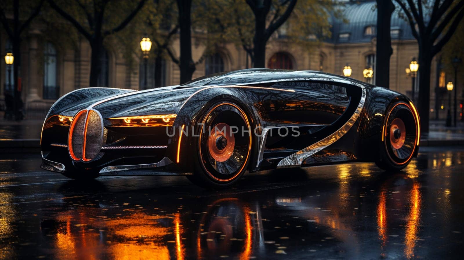 High speed, sports car - futuristic concept (non-existent car design, full generic), side view - 3d illustration, 3d render.