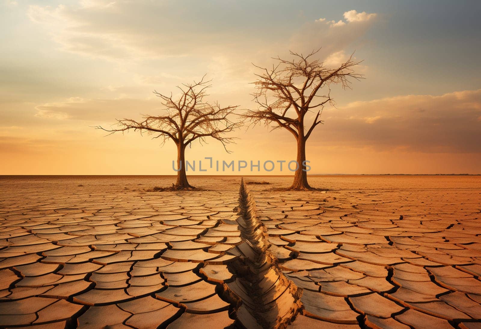 Dry waterless wasteland. Dead tree stub. Sun beams on red sky. Abstract scene. Parched cracked soil in barren landscape. Ecological calamity. Fantasy or sci-fi background. Nuclear catastrophe concept. High quality photo