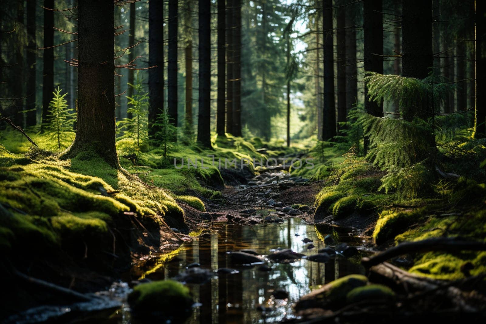 The forest is covered with moss and bathed in warm sunbeams. High quality photo