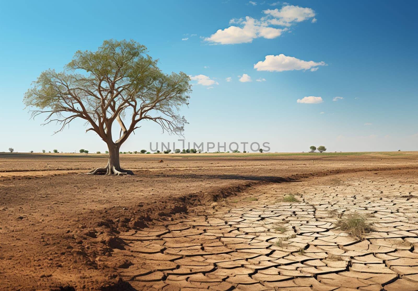 Dry waterless wasteland. Dead tree stub. Sun beams on red sky. Abstract scene. Parched cracked soil in barren landscape. Ecological calamity. Fantasy or sci-fi background. Nuclear catastrophe concept. High quality photo