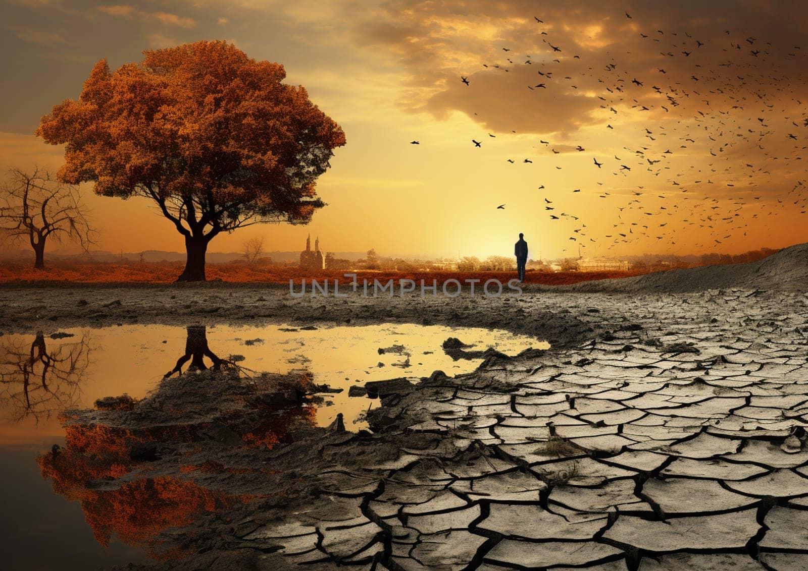 Large lonely tree. Autumn, yellow leaves. Digital art. High quality photo