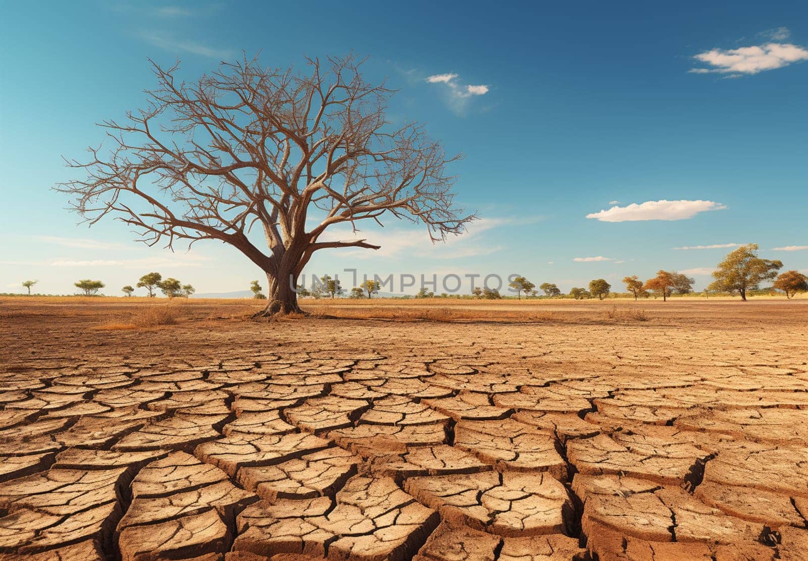 Dry waterless wasteland. Dead tree stub. Sun beams on red sky. Abstract scene. Parched cracked soil in barren landscape. Ecological calamity. Fantasy or sci-fi background. Nuclear catastrophe concept. High quality photo