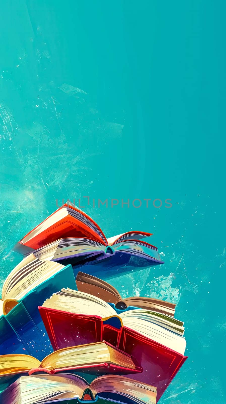 colorful array of open books with pages fanned out, set against a vibrant turquoise backdrop, suggesting a world of imagination and knowledge, vertical banner with copy space