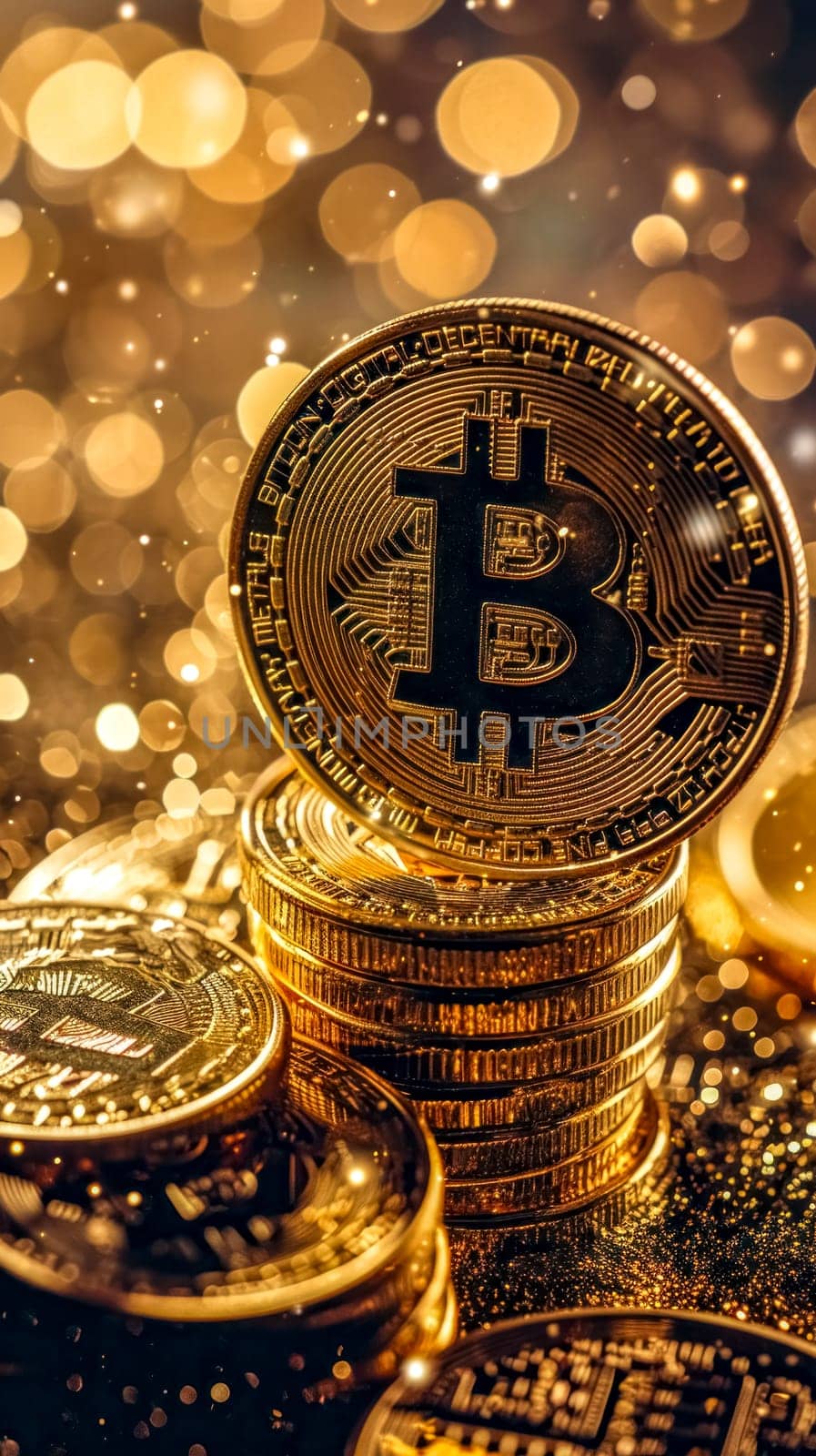 Bitcoin coins with intricate designs, stacked and shining against a glittering golden background with bokeh lights, symbolizing wealth and the digital currency revolution by Edophoto