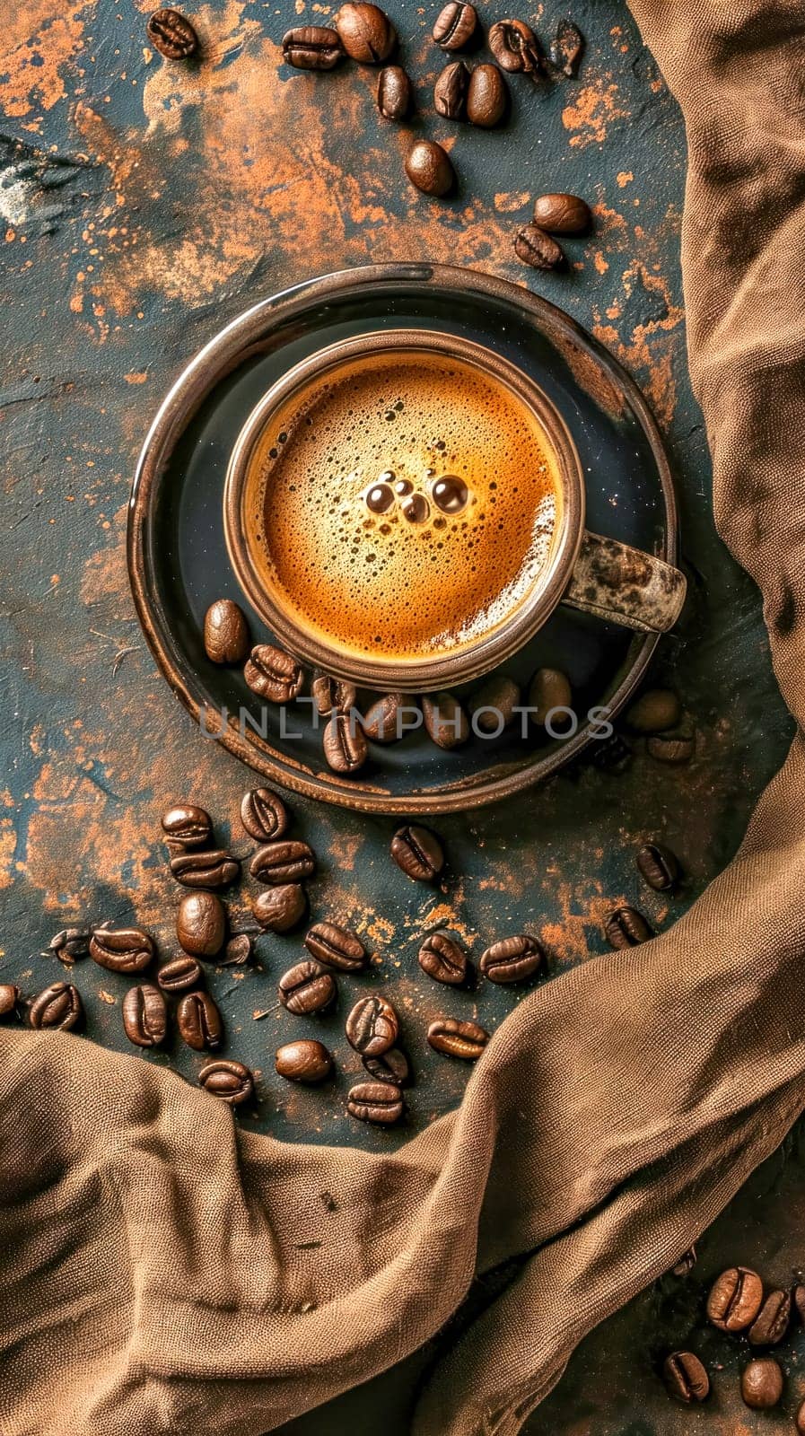 freshly brewed cup of coffee in a rustic setting, with whole beans scattered around on a weathered surface, accompanied by a textured cloth, invoking a sense of warmth and aromatic richness by Edophoto