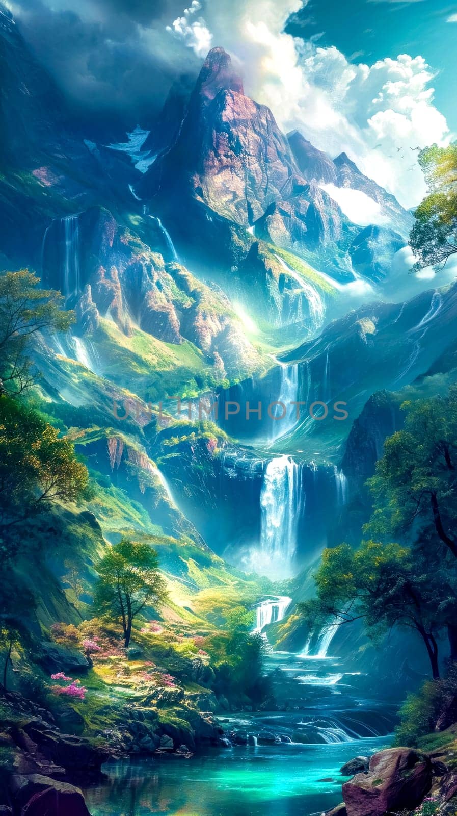 breathtaking fantasy landscape, showcasing a vibrant river with multiple waterfalls cascading down majestic mountains, surrounded by lush greenery and flowering trees, all under a serene sky, vertical