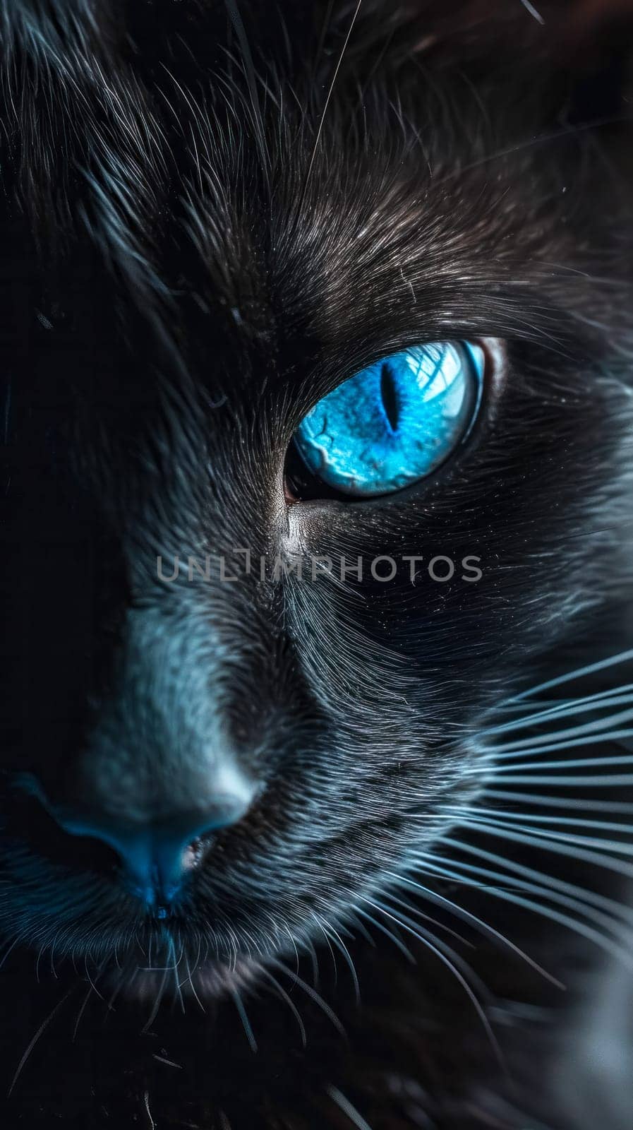 black cat with striking blue eyes, creating a captivating and mysterious look, set against a dark backdrop that enhances the intensity of the gaze, vertical