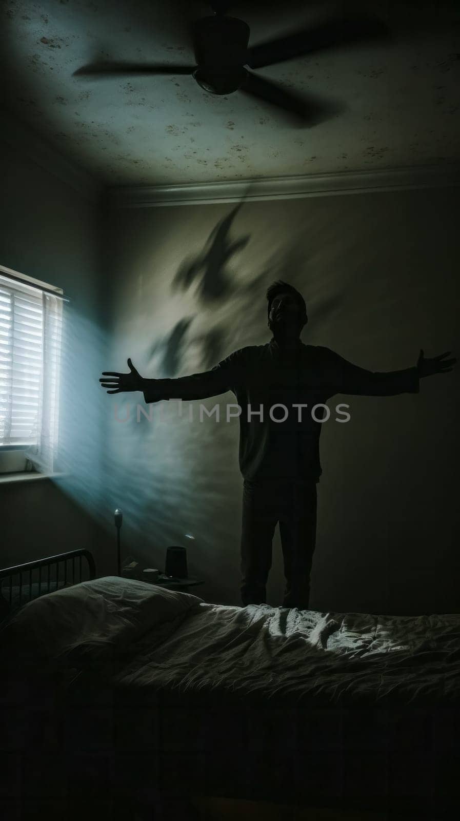 dramatic scene with a person standing on a bed, arms outstretched, in a dark room with shadows cast by a ceiling fan, creating a sense of restlessness or turmoil, insomnia or nightmares by Edophoto