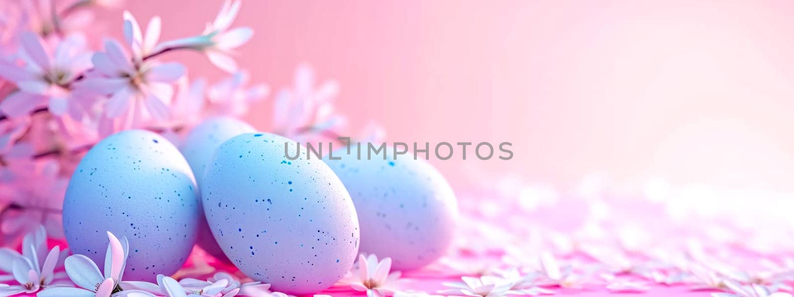 Easter setting with pastel blue speckled eggs amid delicate pink flowers, all bathed in a soft, warm light on a gentle pink background, giving peaceful and celebratory spring vibe, banner copy space